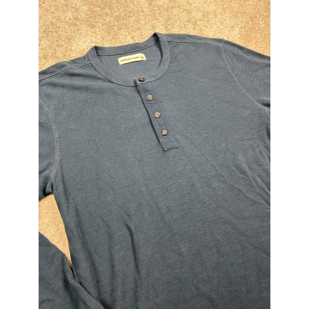 Mutual Weave Mens Blue Waffle‎ Knit Henley Shirt Long Sleeve Cotton Blend Large